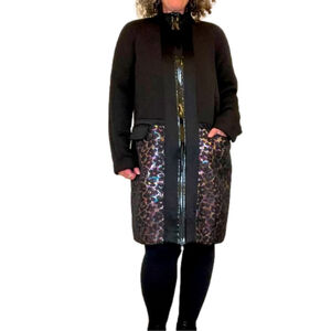 Black Quilted Floral Stitch Midi Coat Zip Up Large Pockets Rachel Roy, Medium